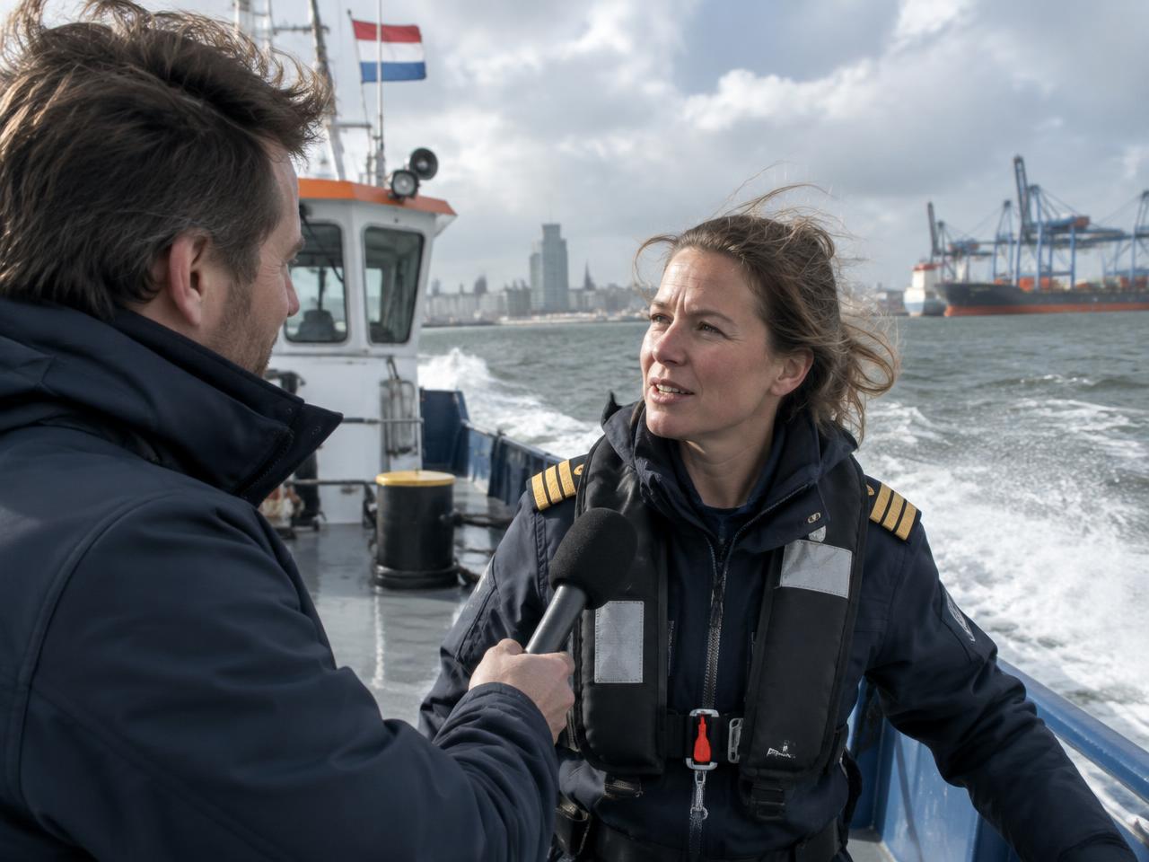 Alex interviewt een kapitein op het water